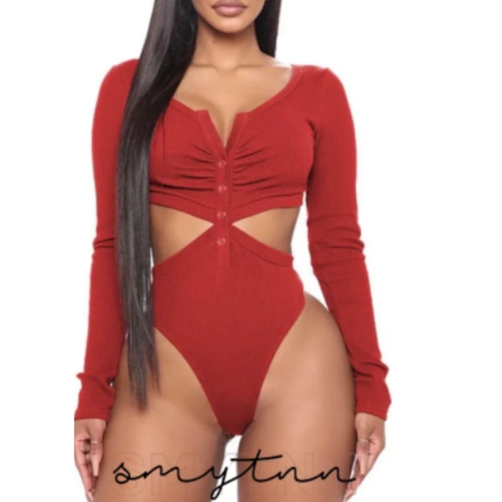 NWT Red Long Sleeve Cut Out Split Neck Button Jackie Bodysuit